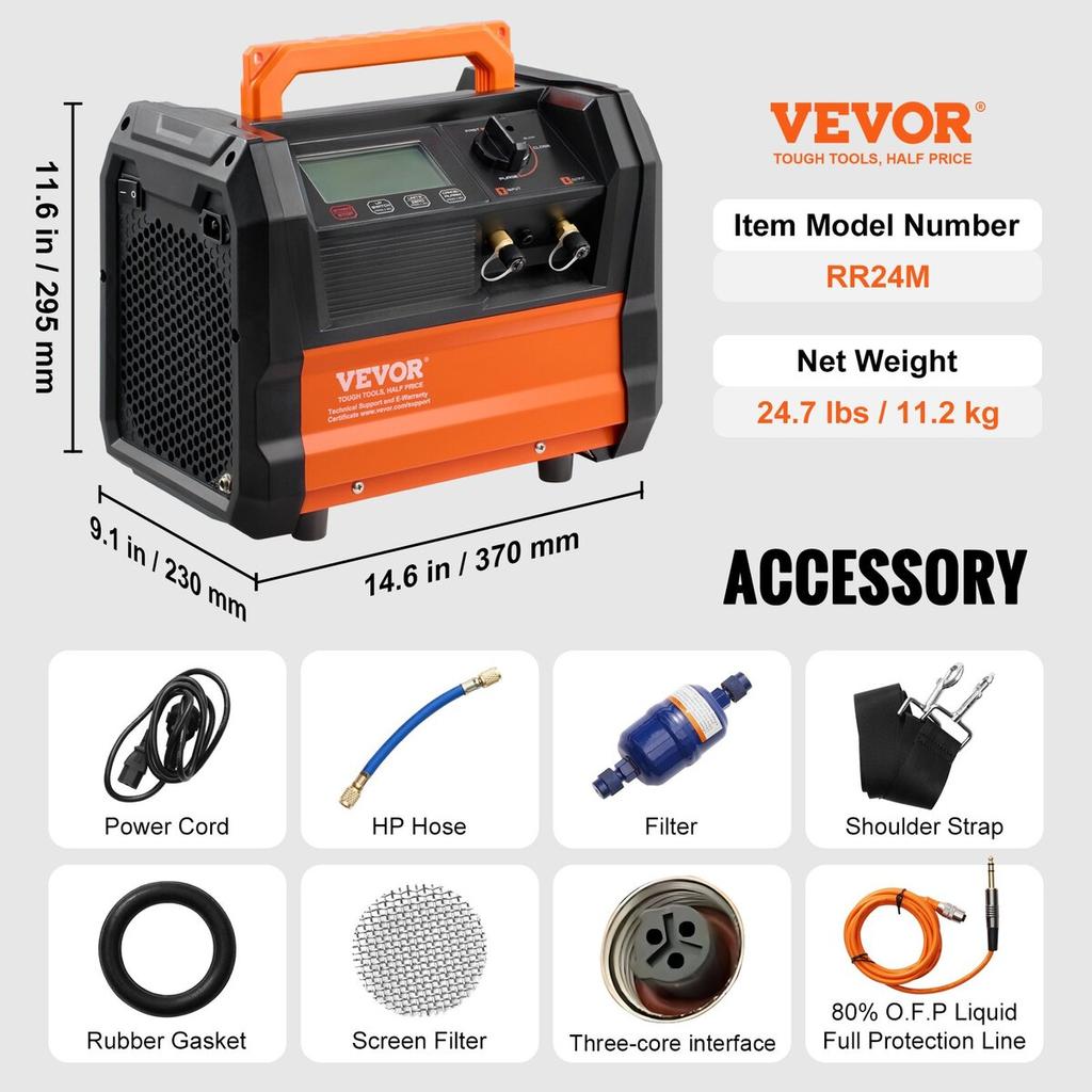 Refrigerant Recovery Machine 1 HP Dual Cylinder Brushless Portable AC