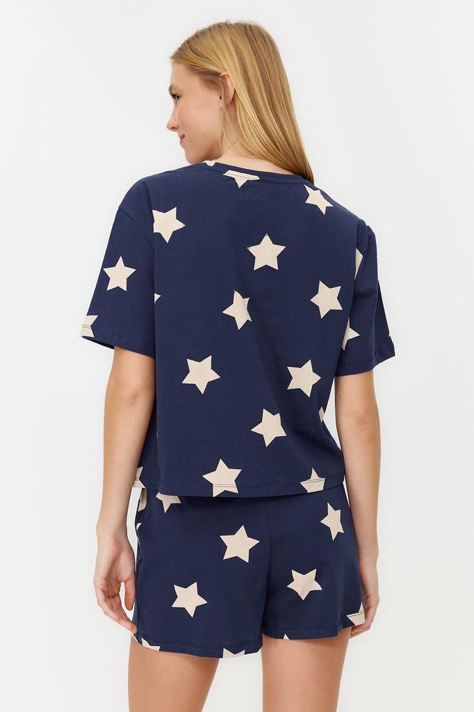 Women's Fashion New Pajama Set Light Pink 100% Cotton Star Patterned Tshirt-Shorts Knitted Pajama Set