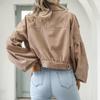 Autumn Women Lapel Lantern Sleeve Cropped Jacket Solid Color Single Breasted Overcoat Outwear Vintage Corduroy Coat