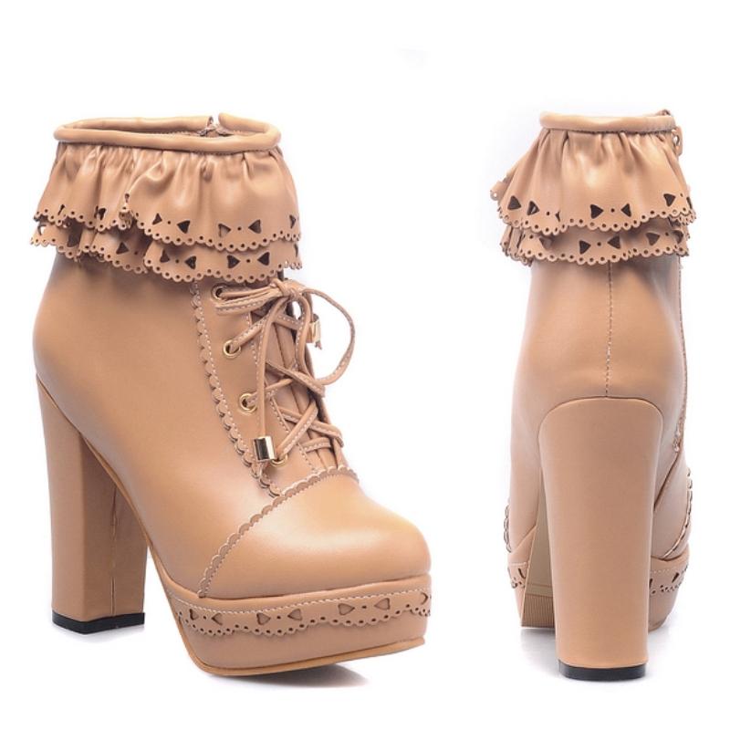 Осенне-зимние женские ботильоны на платформе, белые, черные, розовые, милые короткие ботинки, на шнуровке, туфли в стиле Лолиты для девочек, большой размер 45