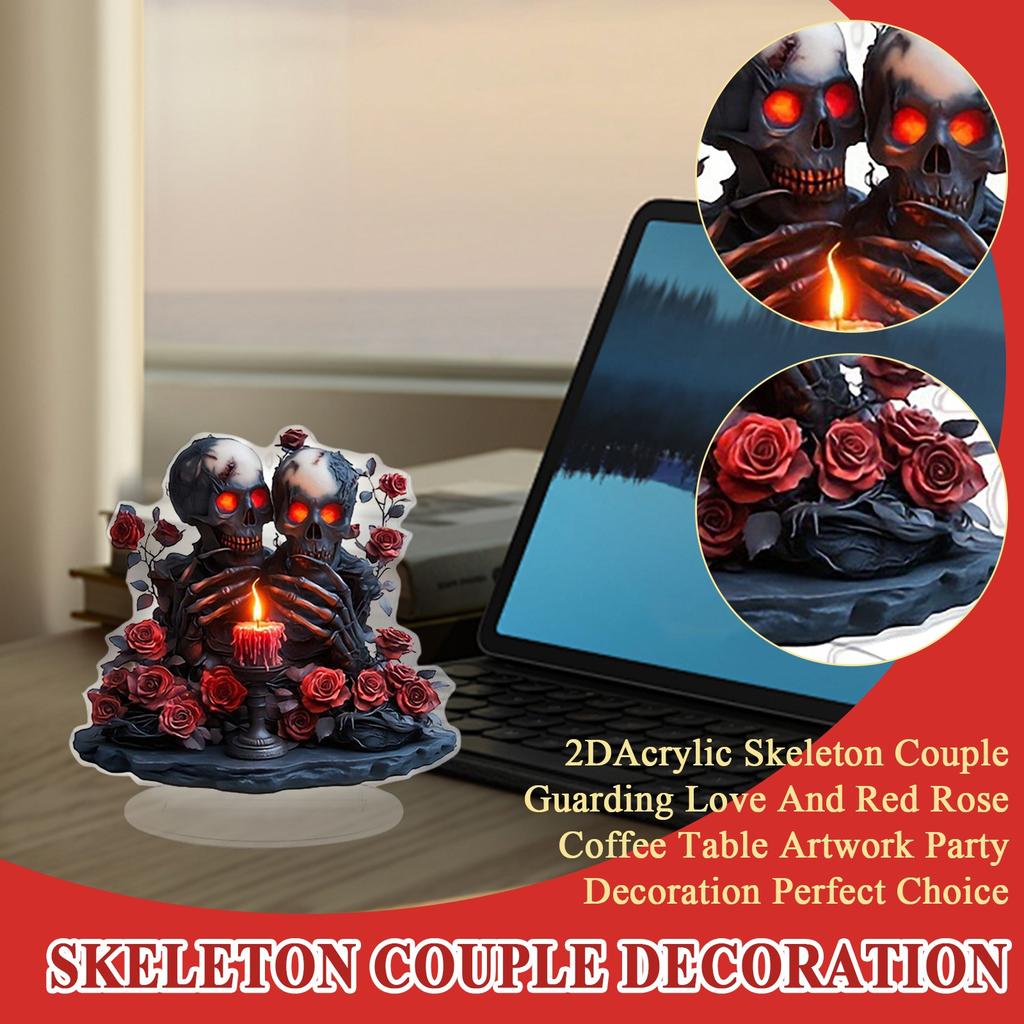 2D Акриловый Скелет Пара Охраняющая Любовь и Красная Роза Журнальный Столик Художественное Произведение Украшение для Вечеринки Идеальный Выбор