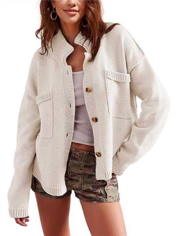 2024 New Women's Stand Collar Cardigan Sweater - Solid Color Knitwear for Autumn/Winter