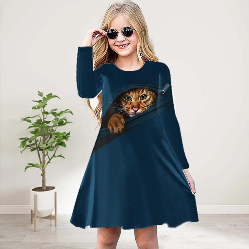 Girl Casual 3D Print Texture Cat Round Neck Long Sleeve Dress Kid Princess Dress