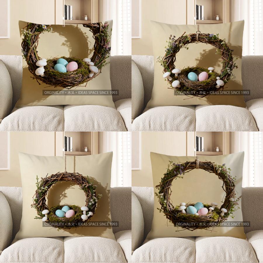 2D Wreath Nest With Eggs Floral Throw Pillow Pattern Cushion Cover Suitable For Sofa Bedroom Car Pillow Cover