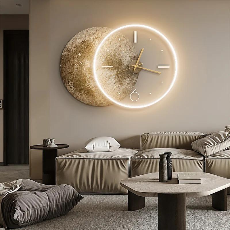 Украшение гостиной Картина Луна Светодиодные настенные часы Домашний декор Фон Бесшумные часы Спальня Декоративные подарки