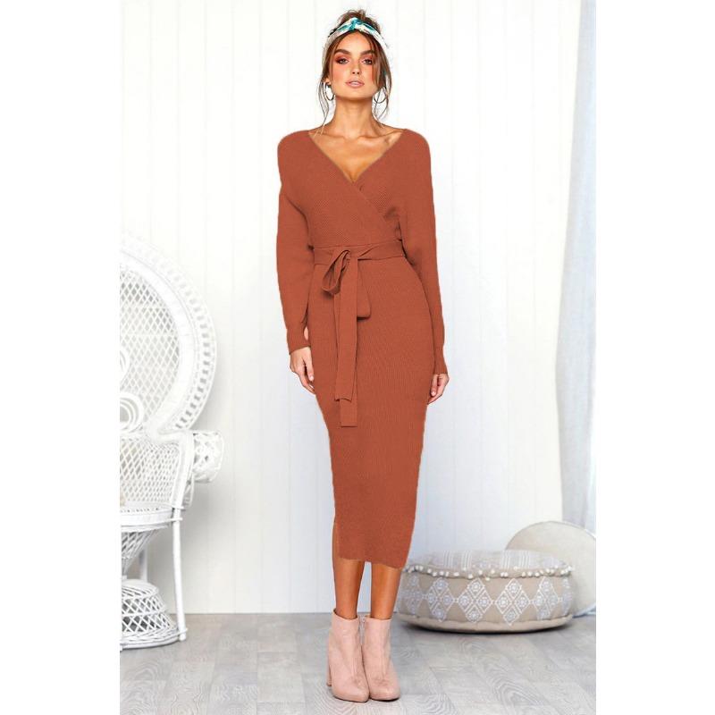 Осенне-зимнее женское трикотажное платье сексуальное с запахом на бедрах теплое платье-свитер