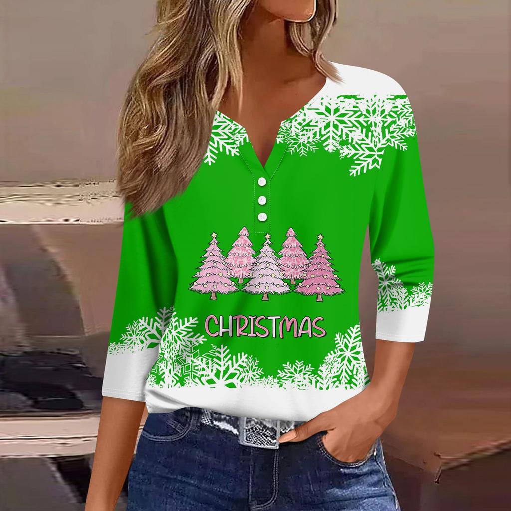 Women's T Shirt Tee Print Button 3/4 Sleeve Daily Weekend Fashion Basic V- Neck Regular Top