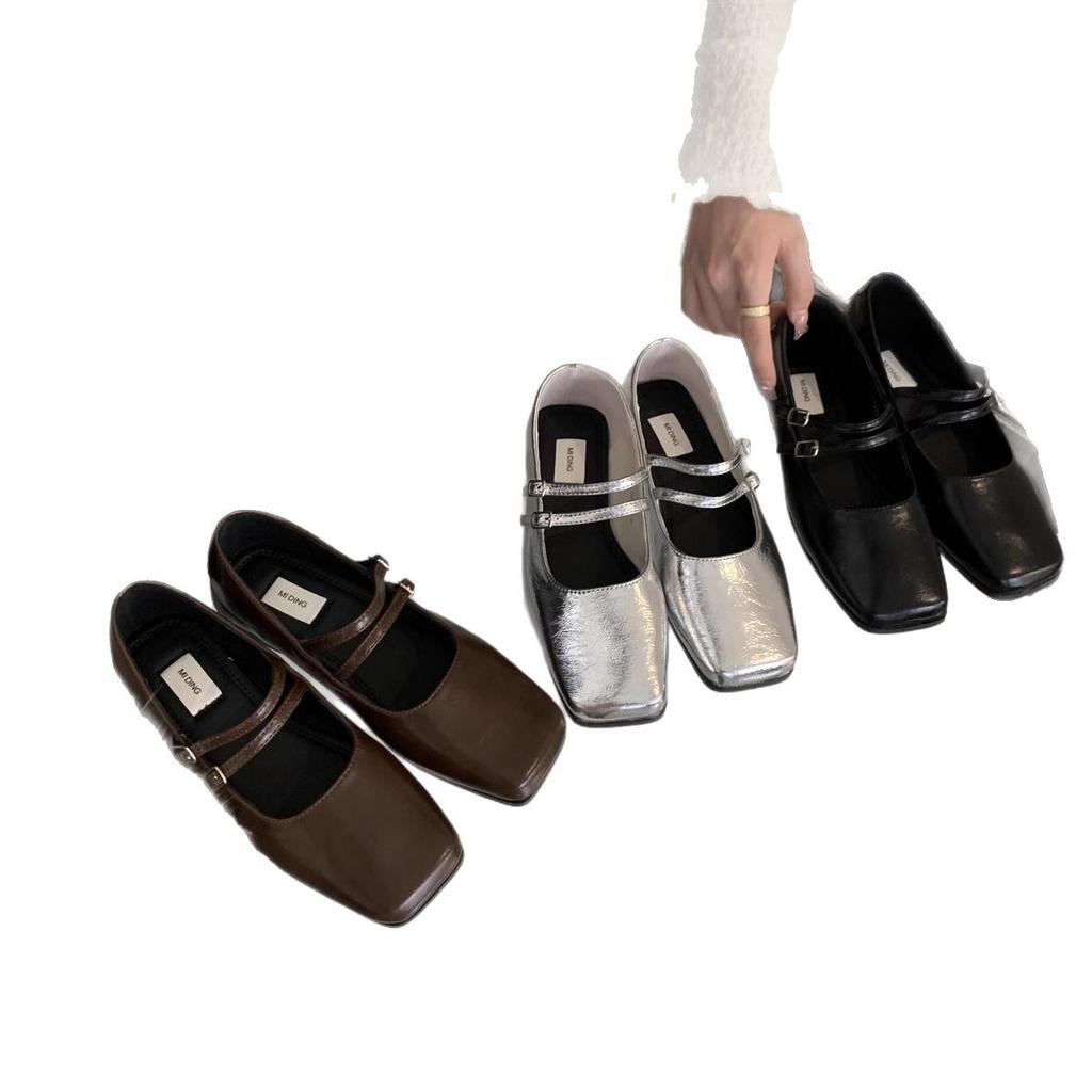 Французские одинарные туфли женские новые квадратные туфли с легким ртом серебряные туфли на плоской подошве нишевая мода фея туфли на толстом каблуке Мэри Джейн