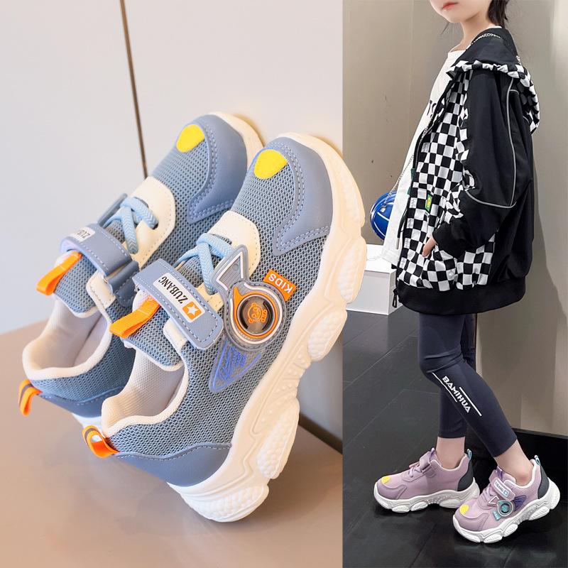 Детская сетчатая спортивная обувь осень новая для мальчиков и девочек на мягкой подошве кроссовки, детская повседневная обувь на липучке тренд