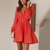 Women Party Dress Elegant V Neck Long Sleeve A-line Dresses For Women Fashion Solid Office Mini Dress