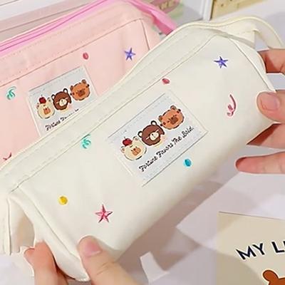 Модная Вышитая Kawaii Пенал Медведь Узор Большая Вместимость Пенал для Канцелярских Принадлежностей Креативный Милый Пенал для Ручек и Карандашей