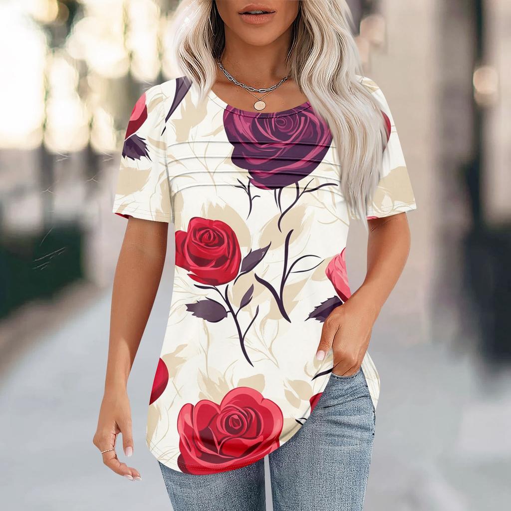 Женский топ с короткими рукавами и круглым вырезом, с принтом в виде сердечек ко Дню святого Валентина, плиссированный