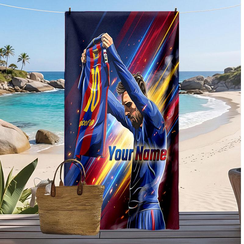 Lionel Messi Personalized Printed Beach Towel Soccer Logo Support Custom Name Text Absorbent Towel For Sport Travel Special Gift