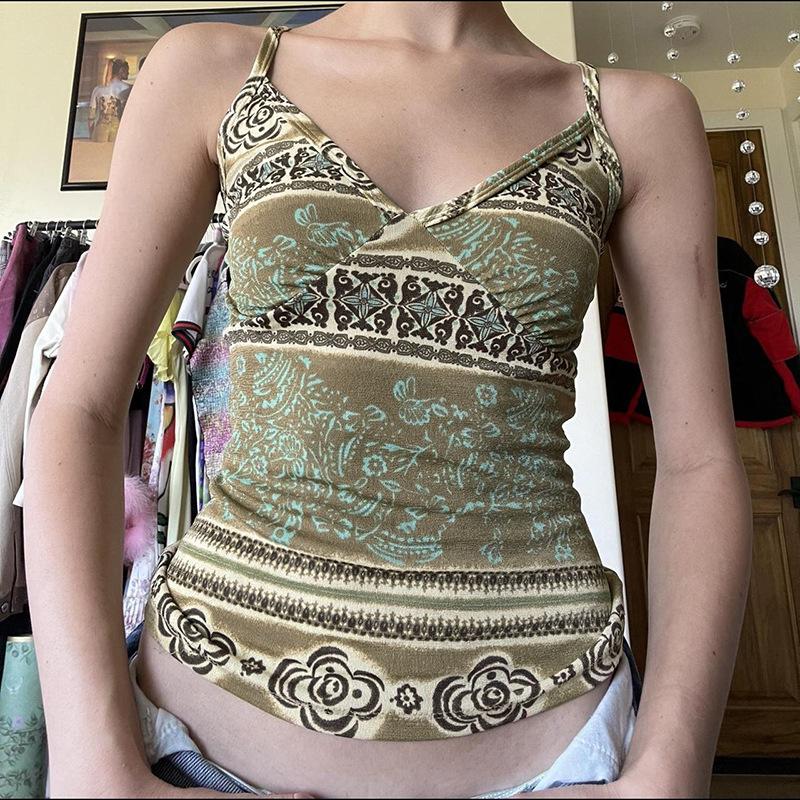 Печатный V-образный вырез ретро Spice Girls сексуальный спинка талия утягивающий нишевый внешний вид подтяжки