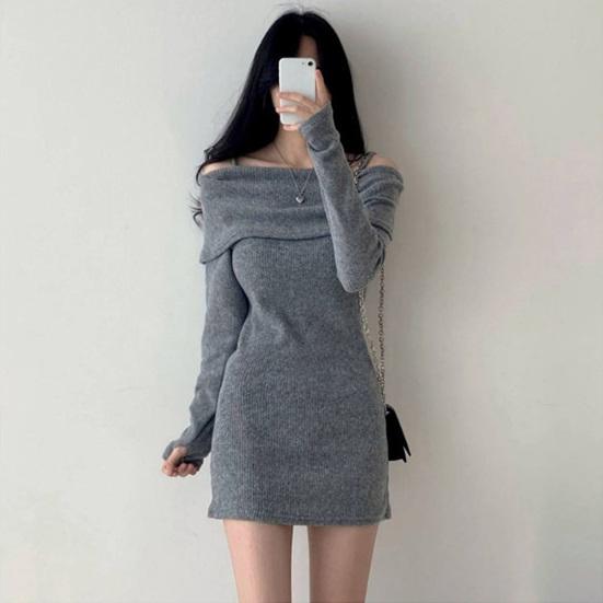 Women Knitting Tops Off Shoulder Long Sleeve Solid Color Slim Fit Pullover