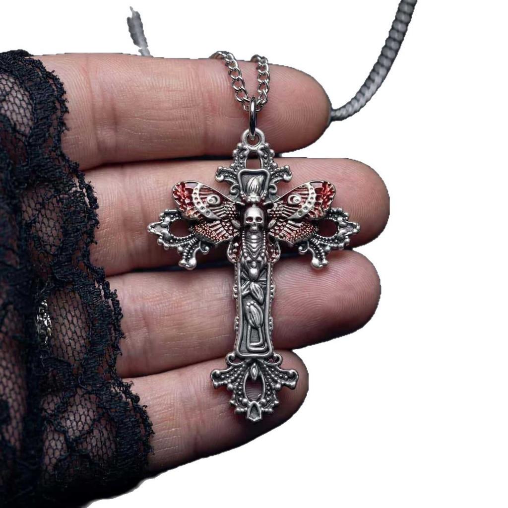 Gothic Cross Necklace With Death Head Moth Pendant For Gothic Jewelry And Party Wear