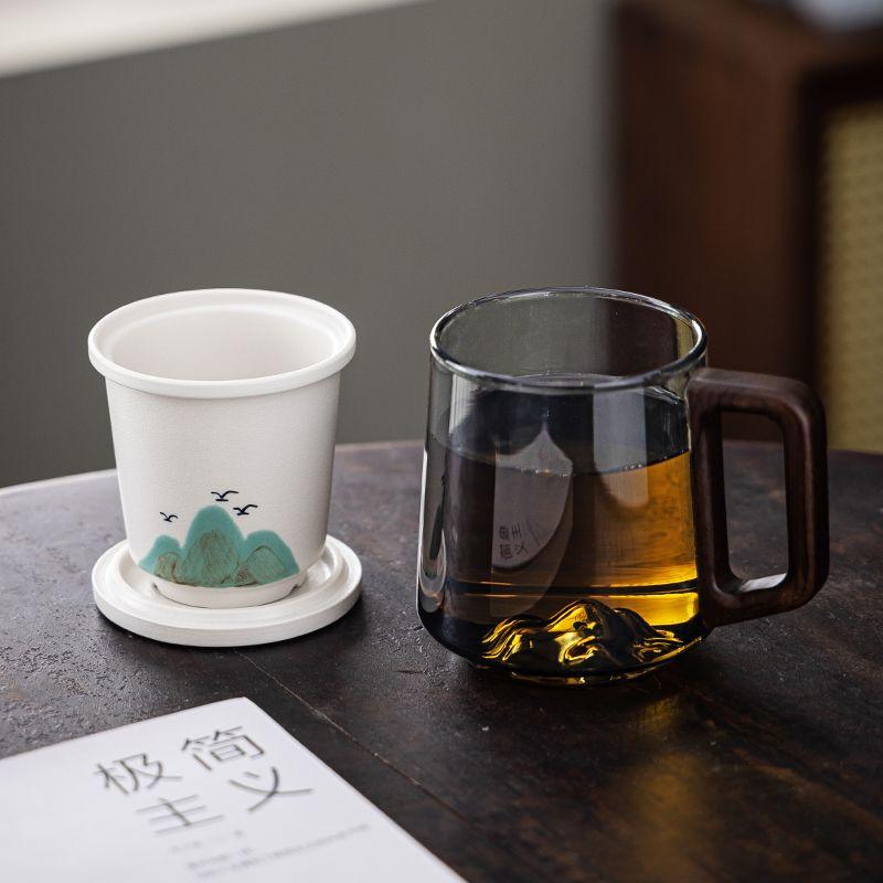 Glass Teacup 450ml with Tea Leakage Tea Cup Mat, Heat Resistant Glass Separate Tea Brewing Anti Scalding Wooden Handle