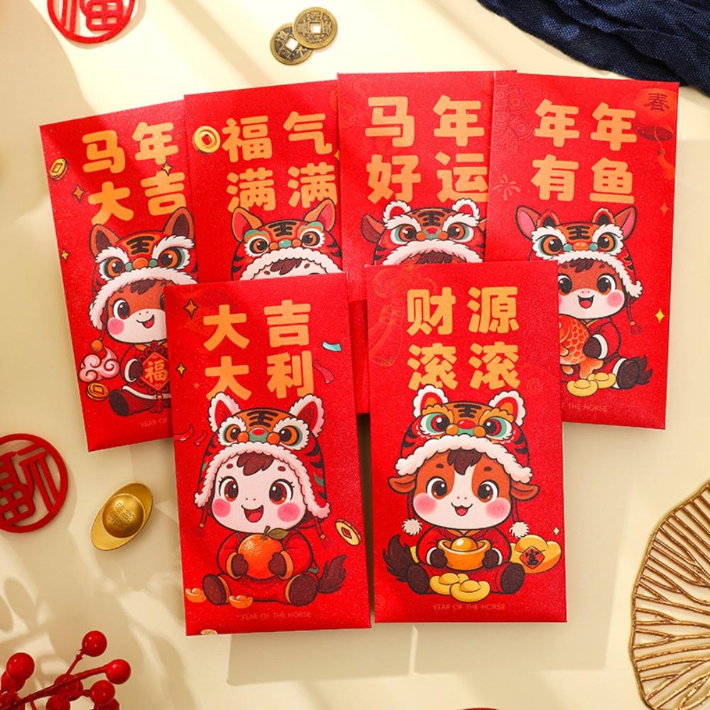 6Pcs/Set Cute 2026 Horse Year Red Envelope Traditional Paper Blessings Printing The Year of The Horse Money Envelope Red Packet