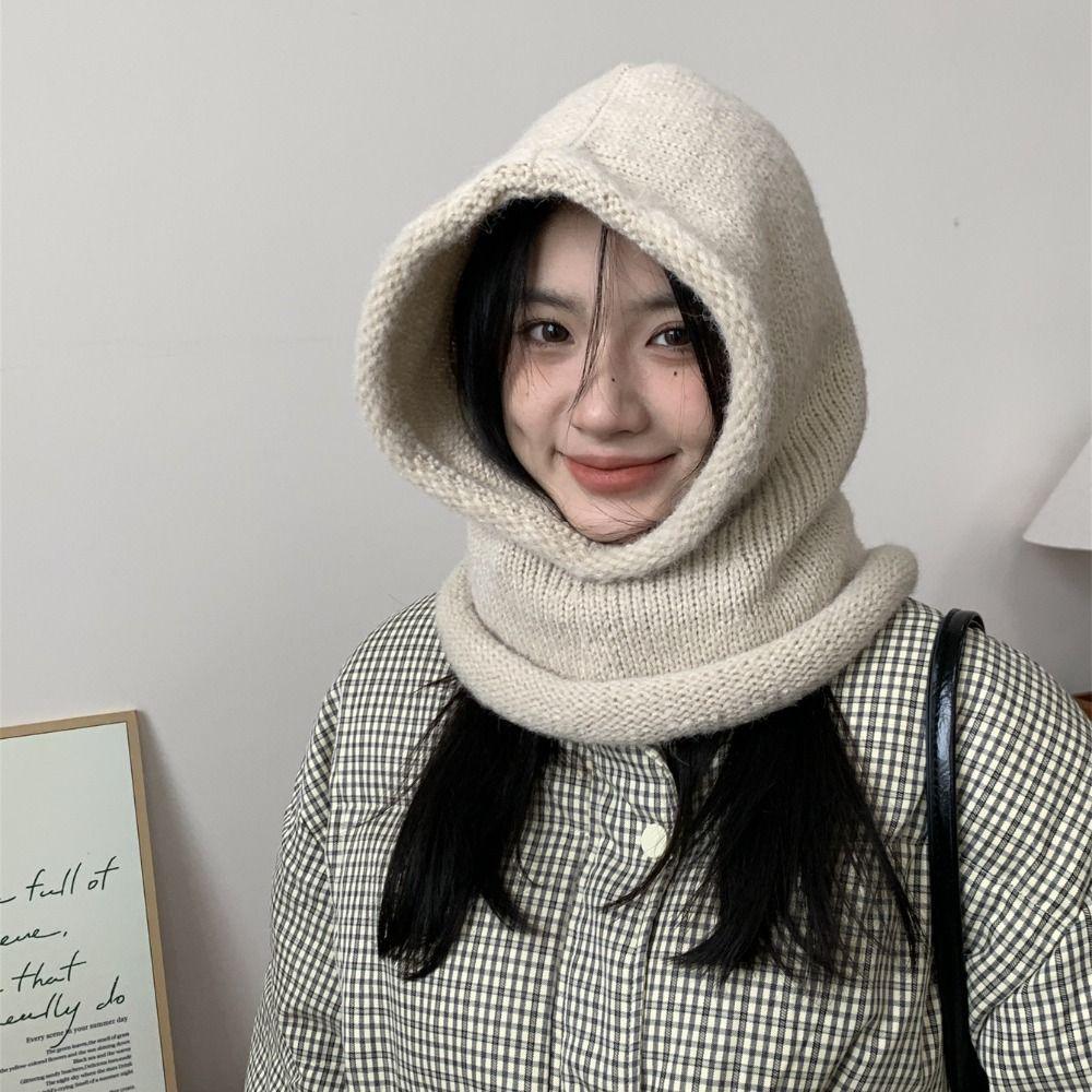 Woolen Hooded Cap Windproof Neck Collar Beanies Cap Fashion Knitted Balaclava Hat  Winter