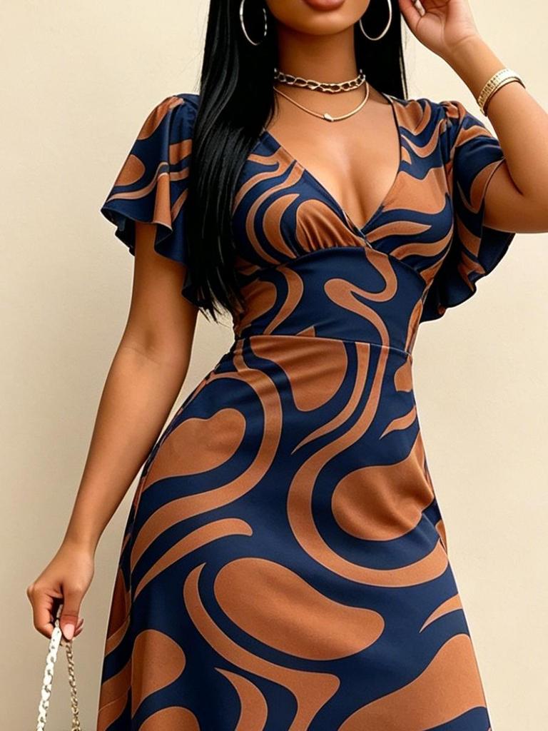Navy Blue Brown Abstract Print Maxi Dress V Neck Flutter Sleeve High Waist Slim Fit Holiday Long Dress