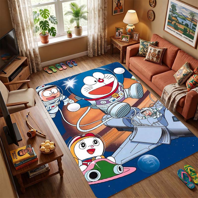 Doraemon & Friends Flying with Bamboo-Copter Area Rug, Non-Slip Floor Mat with Anime Print, Durable Carpet for Kids Bedroom