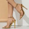 Cross Strips Gold Sandals Women High Heels Pumps Stiletto Pointed Toe Pu Leather Slingback Designer Dress Party Prom Shoes