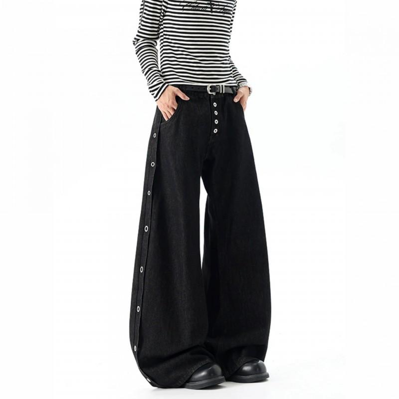 Mens Loose Straight Jeans Vintage High Street Style Button Fly Denim Pants Teenagers