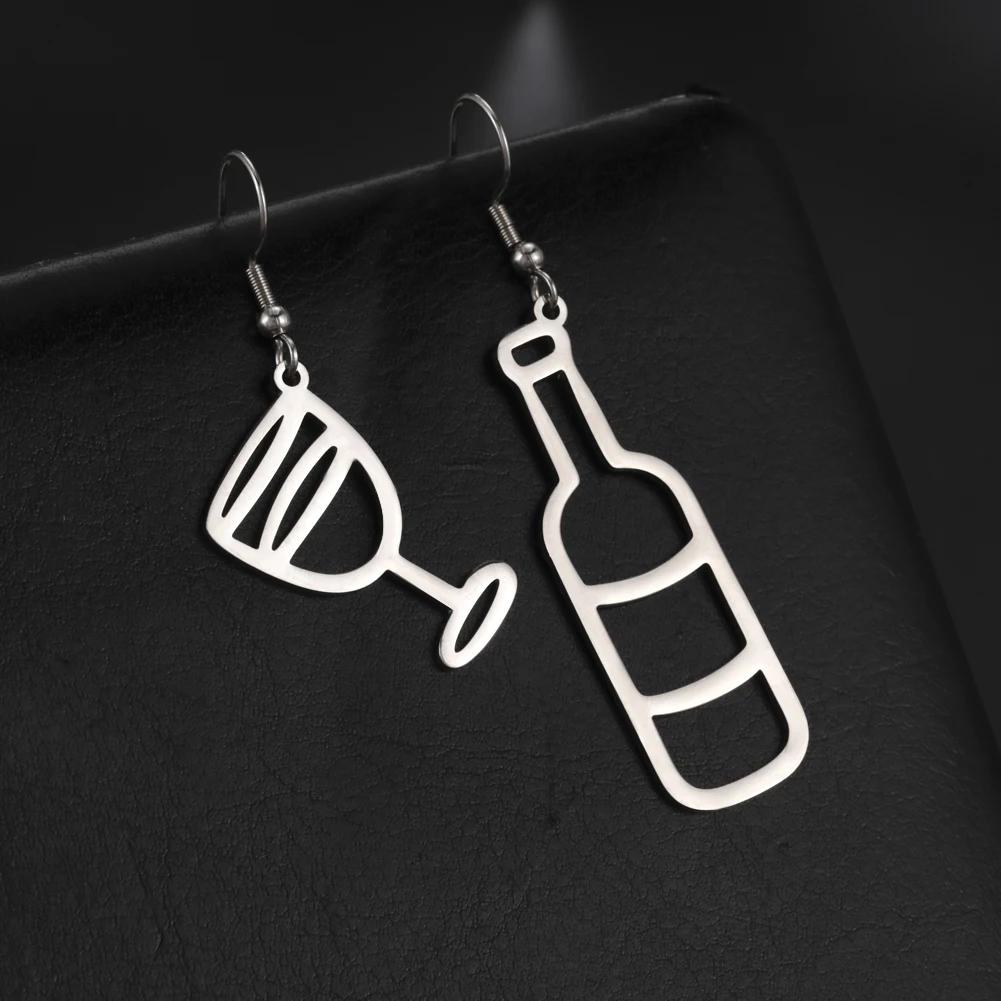 Red Wine Bottle Wine Glass Earrings Asymmetrical Creative Unusual Drop Earring For Women Stainless Steel Jewelry Gift
