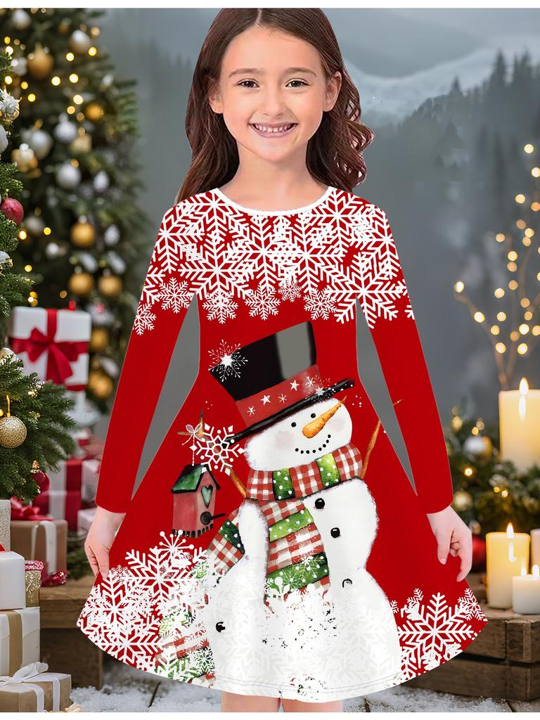 Girls' Autumn and Winter Fashion Dress, 3D Christmas Print Round Neck Long Children's T-shirt Dress, Casual Versatile, Christmas Clothing