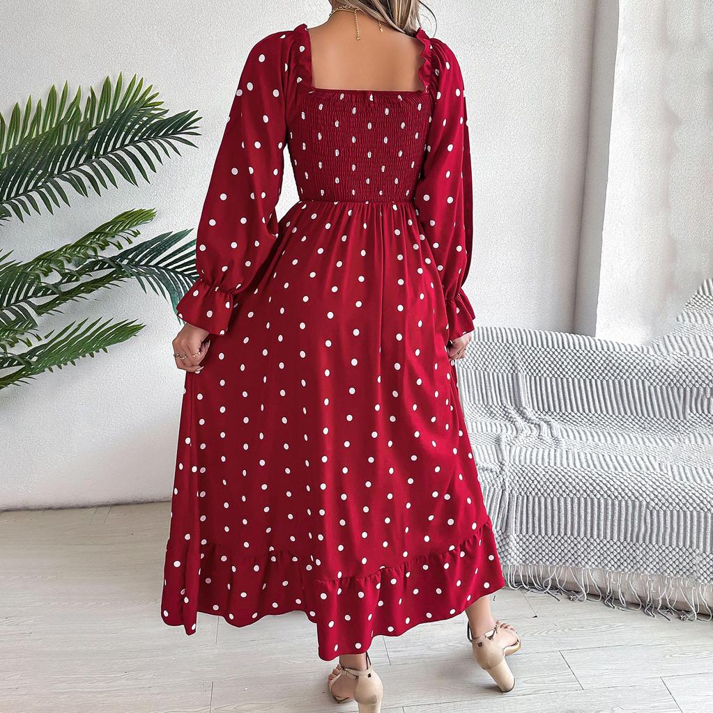 Женское осенне-зимнее темпераментное однотонное плиссированное платье в горошек с высокой талией и длинными рукавами