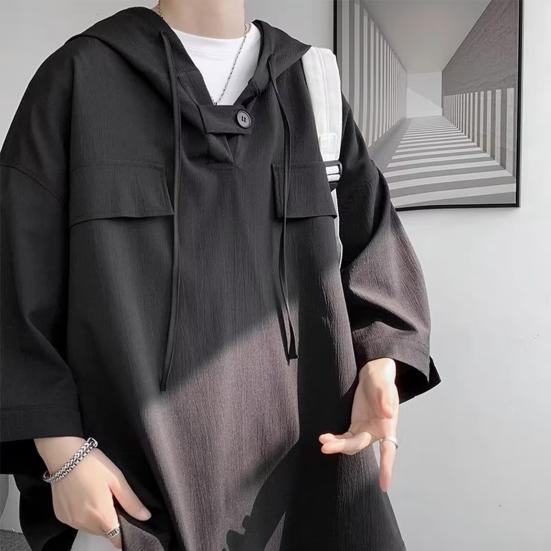 Весенне-летние мужские верхние нагрудные карманы большого размера в стиле хип-хоп, сплошной цвет, с капюшоном, рукава три четверти, тонкая кулиска, мягкая дышащая уличная рубашка, толстовка