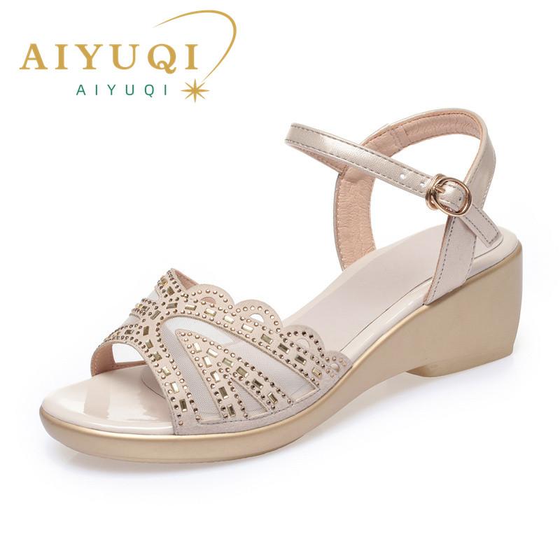 Fashion AIYUQI Women's Sandals Big Size New Summer Wedges Women's Sandals Roman Water Drill Pure Color Casual Mother Sandals Ladies