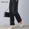 Элегантные модные осенне-весенние женские черные брюки с высокой талией, отделанные бисером, повседневные свободные брюки, женственные офисные женские капри с карманами