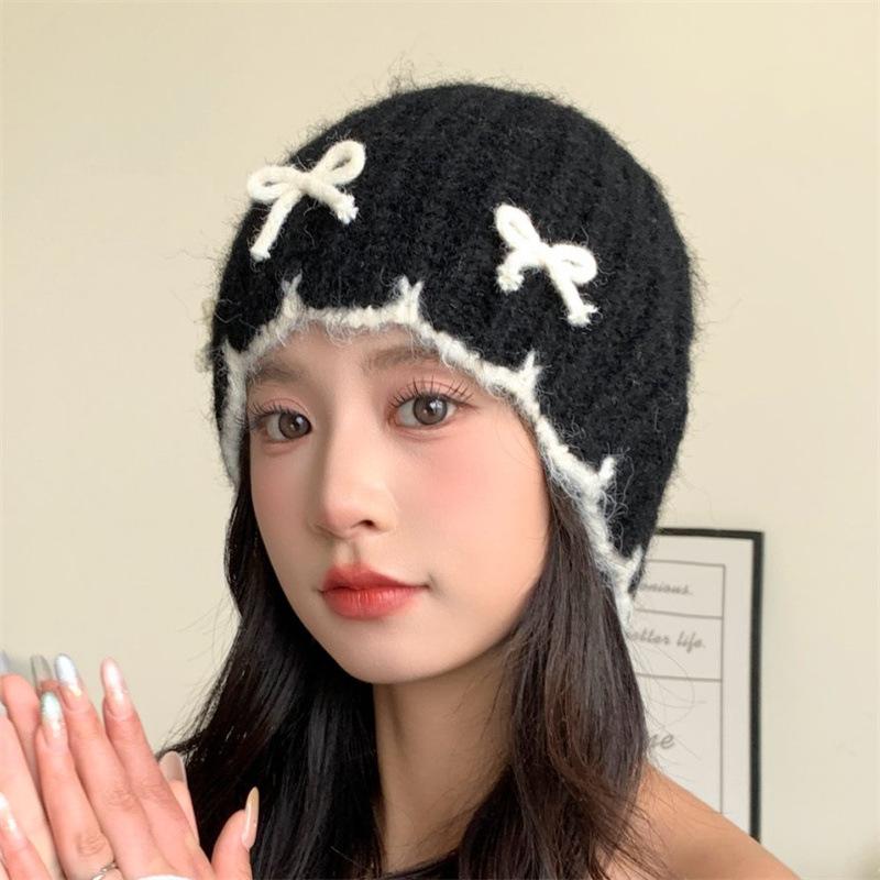 Versatile bow wool hat women's autumn and winter casual warm windproof big head circumference showing face small bag head knitted hat