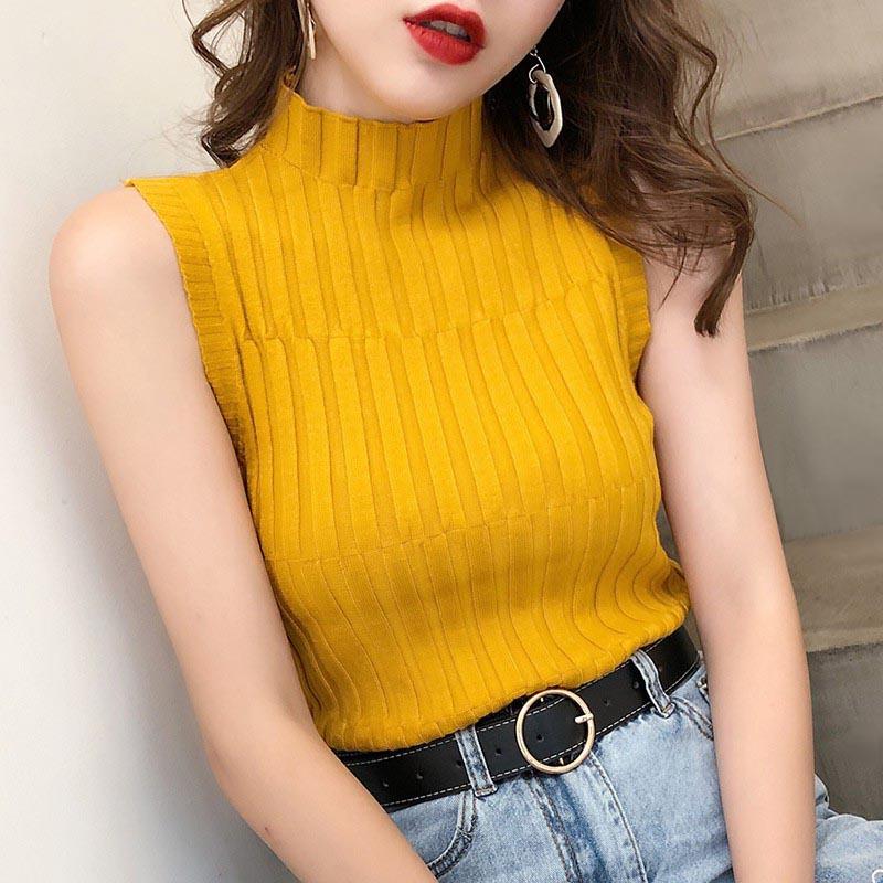 Women Solid Half Turtleneck Slim Knitted T-Shirt