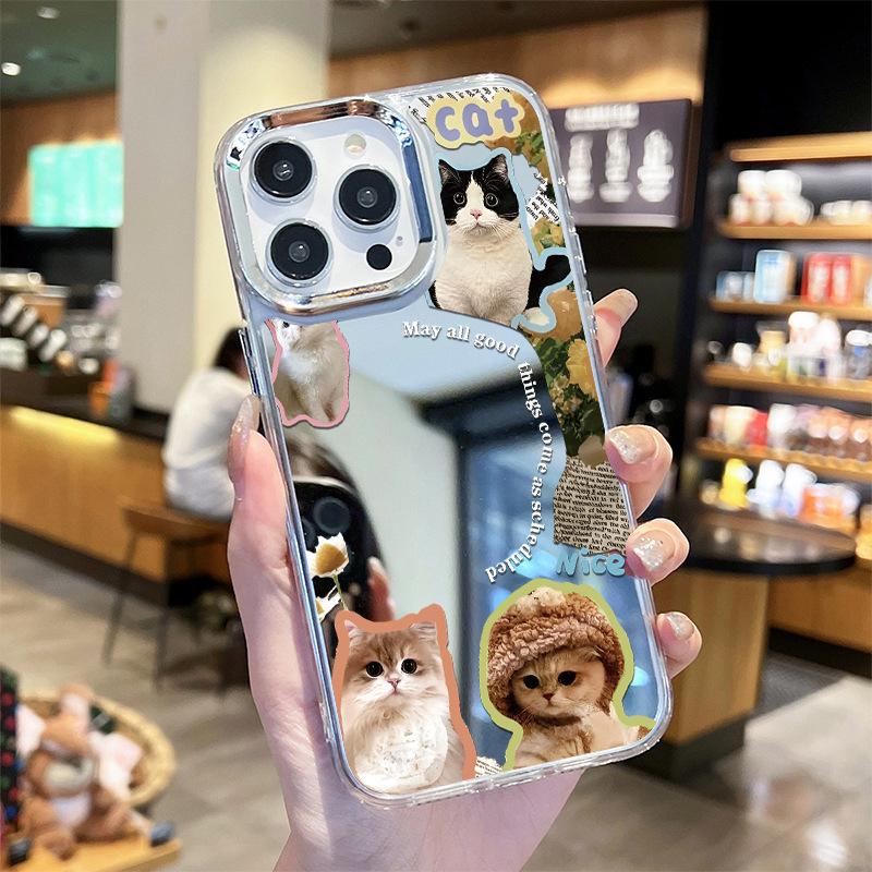 Милый котенок чехол для мобильного телефона apple 15pro чехол-зеркало iphone14pm противоударный 12 защитный чехол 11pro