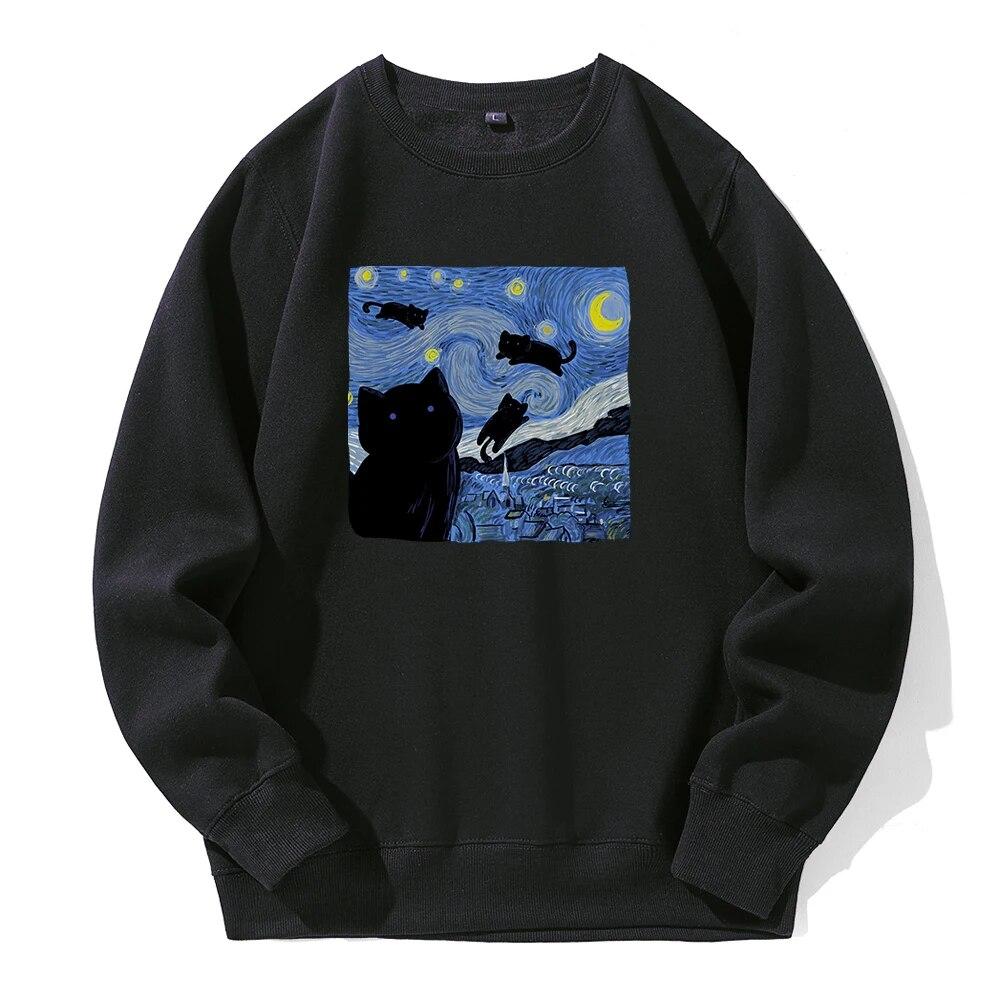 Картина маслом Черная кошка Звездная ночь Печать с капюшоном Унисекс Спортивная мода Новые толстовки с капюшоном из флиса Теплая толстовка Свободная толстовка большого размера