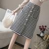 Women Houndstooth Plaid Luxury Pearls Button Split High Waist A Line Wool Warm Skirt Winter Fall Spring Fashion Sexy Skirt