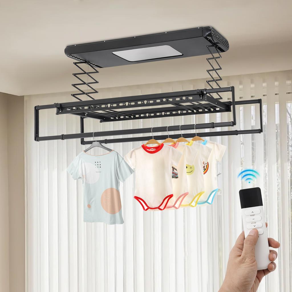 Electric Retractable Clothes Airer with 8 Rods & LED Light, Remote Control, 35kg/77 lbs Load Capacity for Home Use, 110V (Black)