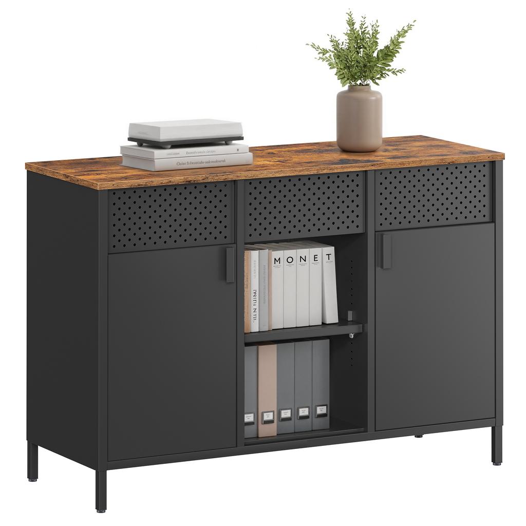 SONGMICS Storage Cabinet, Metal Cabinet, Sideboard with 2 Doors, Magnetic Closure, Adjustable Shelves, Steel Frame, Rustic Brown and Matte Black U