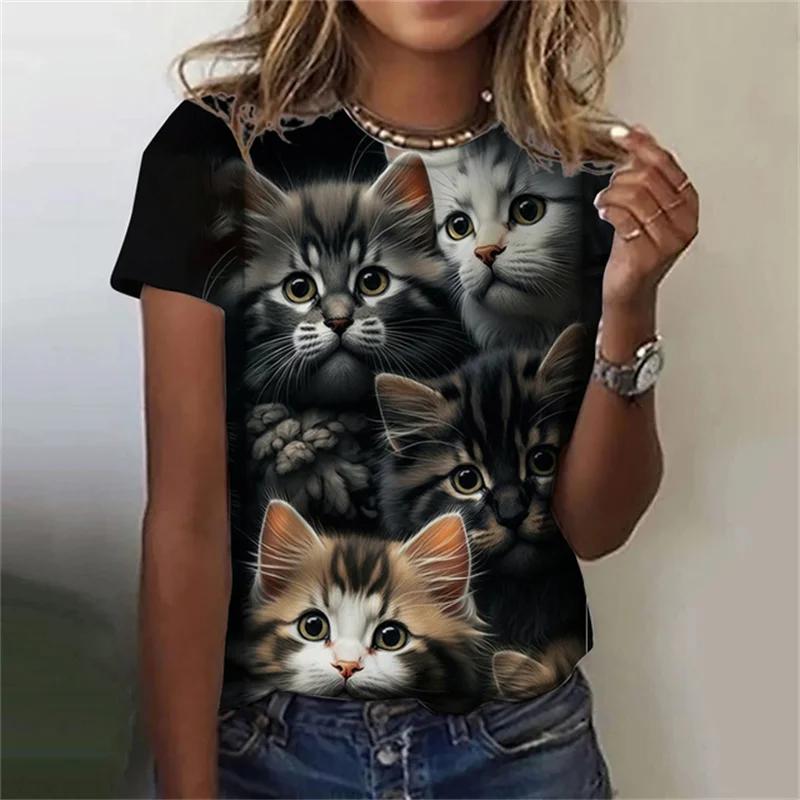 Женская футболка Kawaii Cat с 3D принтом, топ с круглым вырезом и короткими рукавами, летняя уличная повседневная простая одежда