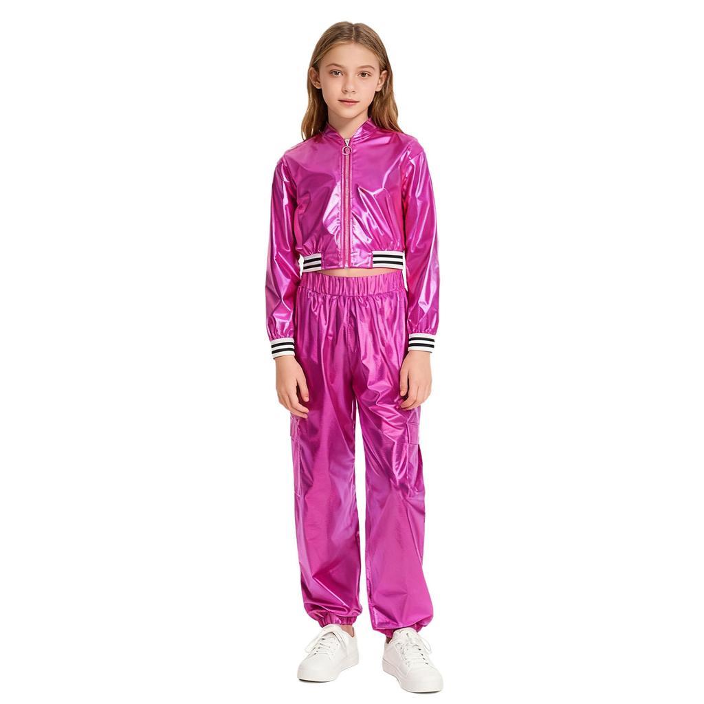 Girls Hip-hop Jazz Dance Performance Costume Long Sleeve Stand Collar Zipper Metallic Jacket Matching Pants Set