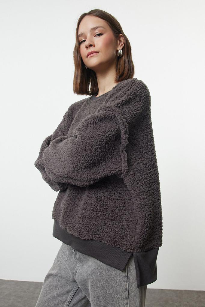 Женская модная стильная толстовка антрацитового плюша, непринужденная удобная удобная посадка с круглым вырезом, плюшевая вязаная толстовка