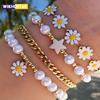 4pcs Vintage Daisy Flower Pendant Faux Pearl Bracelet Set for Women Bohemian Beaded Enamel Star Stackable Hand String Jewelry