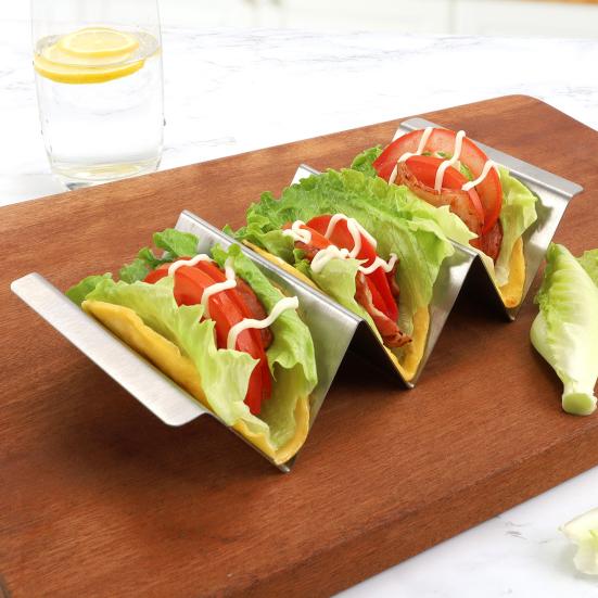 Stainless Steel Taco Holder Stand Reversible Holds 3 or 2 Tortillas Stackable Rack for Easy Storage Triangular Interior Prevents Spills Non-Stick