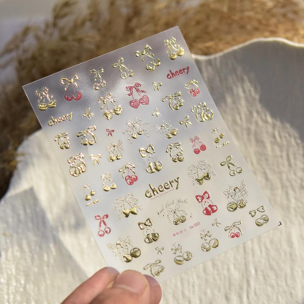 5D Cute Rabbit Love Peach Blossom Flower Yellow Nail Art Stickers Bowknot DIY Self Adhesive Rhinestone Manicure Decals