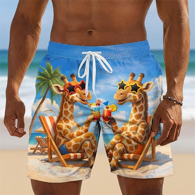 Милые Мультяшные Животные 3D Печать Пляжные Шорты для Мужской Одежды Узор Жираф Фламинго Board Shorts Летние Мужские Board Shorts