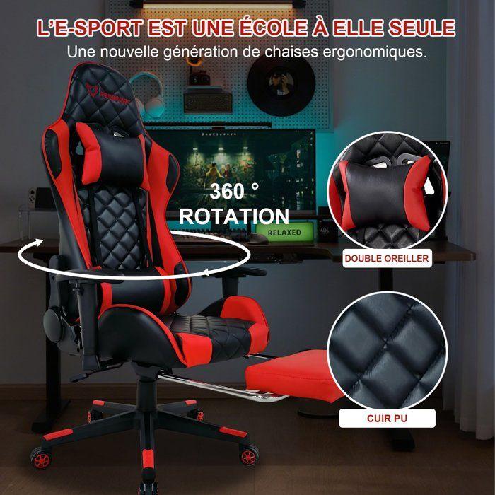 Chaise Gaming FOXSPORT-Ergonomique Avec Support Lombaire, Appui-tête Et Repose-pied, Hauteur Réglable Inclinable 90 °-180 °-Rouge