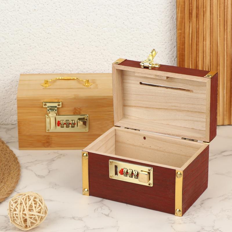Wooden Combination Lock Piggy Bank Secure Box for Kids Savings Portable Treasure Storage Box with 3 Digit Lock for Home Gift