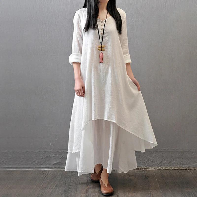 Винтажное летнее бохо миди платье женское элегантное однотонное многослойное платье с длинным рукавом модное свободное повседневное платье с V-образным вырезом Vestidos